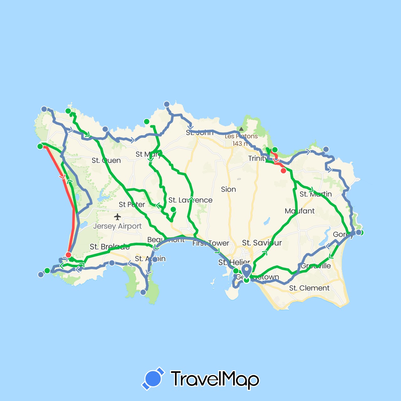TravelMap itinerary: driving, bus, cycling, hiking in Jersey (Europe)