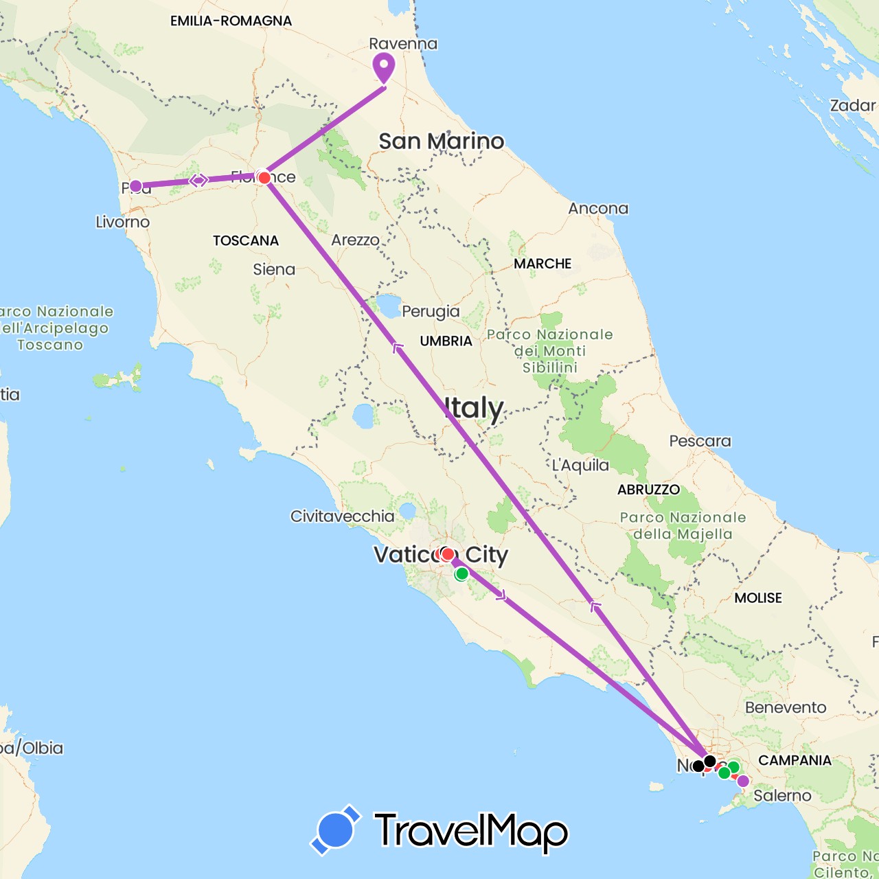 TravelMap itinerary: driving, bus, train, hiking, metro in Italy, Vatican City (Europe)